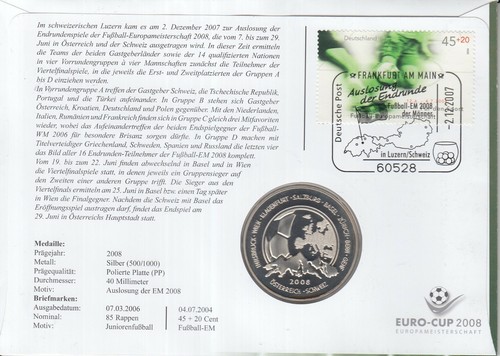 AV-VD Numisbrief Fußball EM 2008 Österreich - Schweiz Auslosung Silber KM8 - Bild 2 von 2