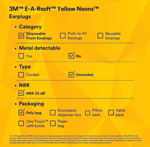 Tappi per le orecchie 3M E·A·Rsoft giallo neon schiuma morbida senza fili misura regolare 200 paia - Foto 8 di 8