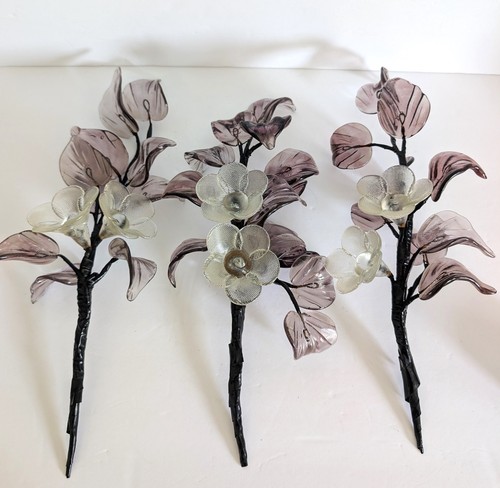 Vintage Hand Blown Glass Smoky Amethyst Flower Branches Set Of 3 Stalks MCM 15"