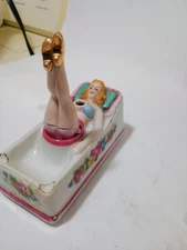 Vintage Risqué Porcelain Lady Ashtray – Removable Legs – Floral Design