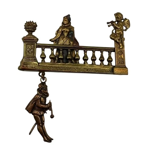 Vintage Old Queen Jester Brooch Cherub Brass Tone Costume Jewelry