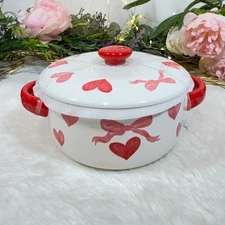 Grace Bake Shop Red Heart Bow Covered Serving Baking Dish Casserole Oven Safe