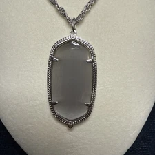 Kendra Scott Grey Opaque Oval Pendant Twisted Silver Tone Chain 31 In