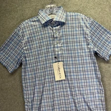 Collars & Co Dress Collar Polo Shirt Mens Small Blue Check Performance Stretch