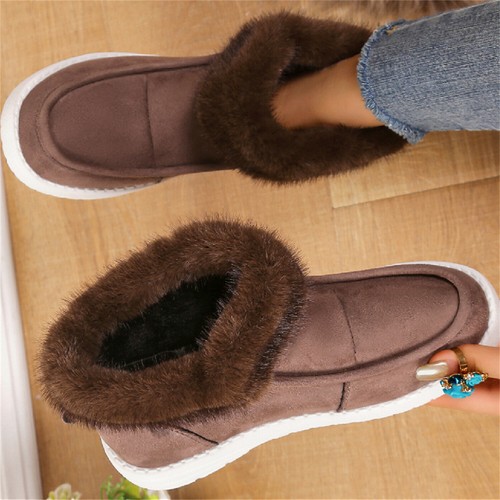 Botas de nieve para mujer con ribete de piel sintética cómodas punta redonda antideslizantes informales planas sin cordones - Imagen 9 de 12