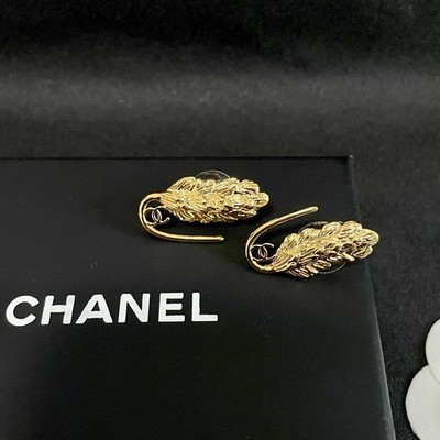 CHANEL Gold Tone Metal Leaf Stud Earrings Butterfly Back Closure No Stone