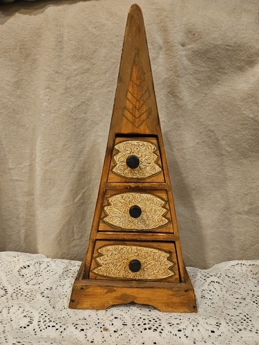 Vintage Wooden Pyramid Style Set of 3 Drawers Aztec Style 19"H x 8.5 W x 5.5"D