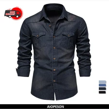 Slim Fit Casual Shirt Elastic Cotton Denim Shirt Men Long Sleeve Cowboy Shirts