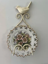 Vintage Cast Iron Ivory Plate Holder Display Stand with Bird