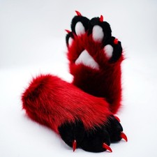 Red Black Furry Wolf Cat Dog Paws Cosplay Fursuit Gloves