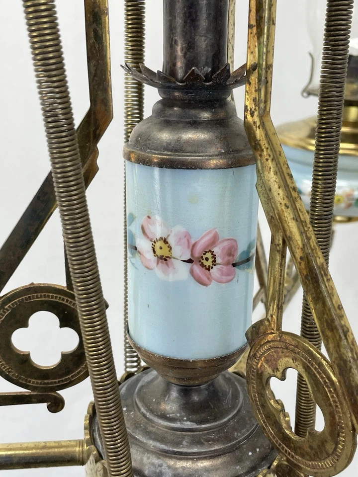 Antique Victorian Aesthetic Eastlake Oil Kerosene Hanging Chandelier Porcelain - Image 4 of 4
