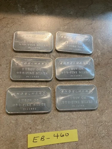 6 ENGELHARD 1 OZ. .999 FINE SILVER BARS