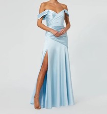 NWT Ieena for Mac Duggal Blue Satin Off The Shoulder Crossover Gown 56037 Size 6