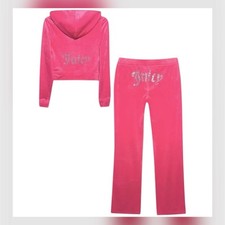 $199 New L JUICY COUTURE BLING Velour TRACKSUIT - HOT PINK Pants Hoodie