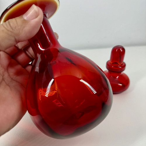 REGENBOGEN GLAS Rubinrot DEKANTER mit STOPFEN UV Reaktiv 6,5 Zoll Vintage Eames Ära MCM - Bild 11 von 15