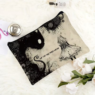 Gothic Alice in Wonderland Travel Makeup Bag Cheshire Cat  We're All Mad Here 