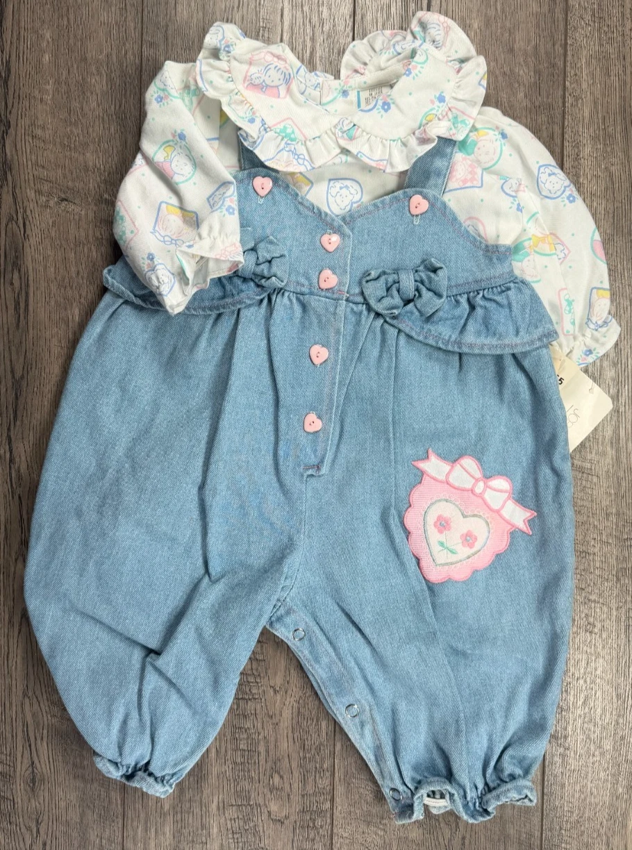 Baby Girl Clothes New Vintage JCPenny 6-9 Month 2pc Jean Overalls Outfit