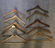 Lot 10 Vintage Heavy Wooden Hangers 5 w Advertising Suits Pants Coat Wood