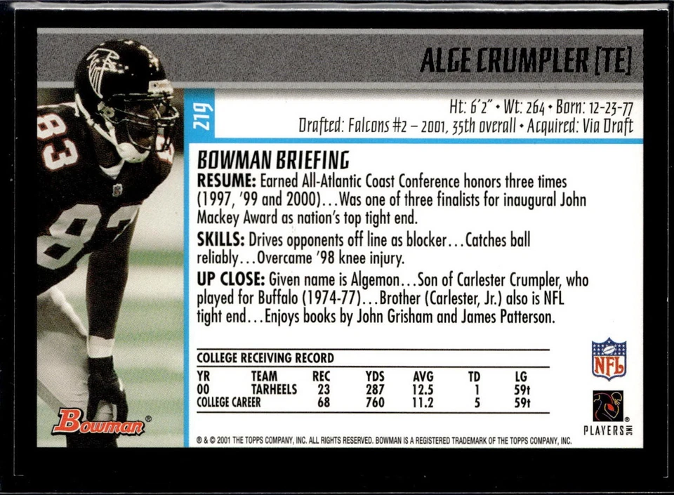 2001 Bowman #219 Alge Crumpler - Image 2 of 2