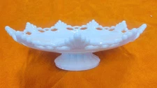 Vintage White Milk Glass Fruit / Cake Dish with pedestal, decorative edge, 10.5"
