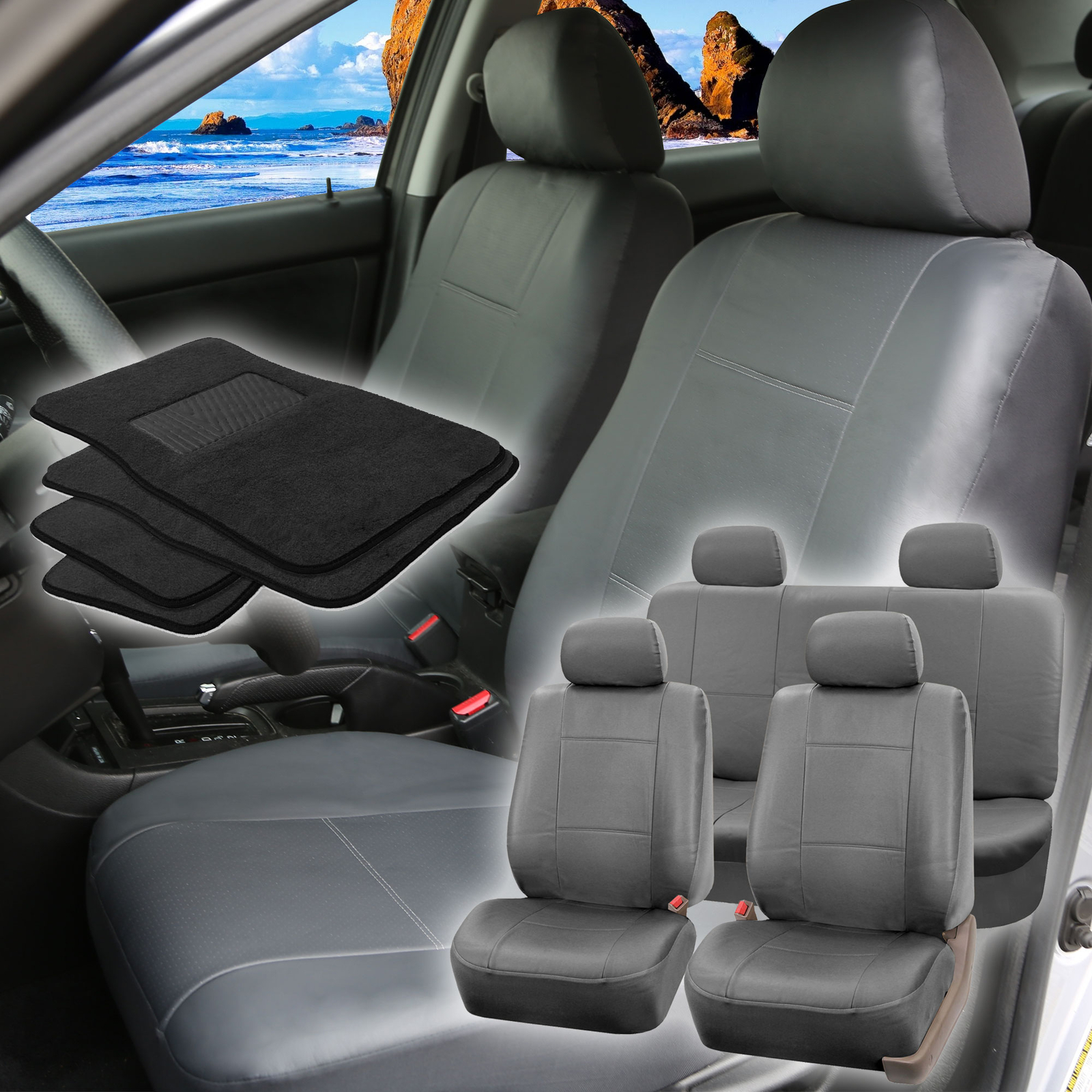 Faux Leather Car Seat For Auto Car SUV with 4Headrests Carpet Floor Mat Gray