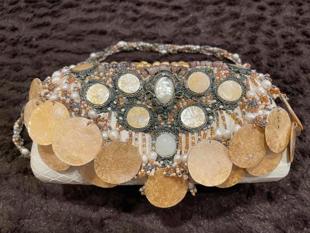 Vintage beaded evening purse with glass seed beads and mother of pearl -  Ruby Lane