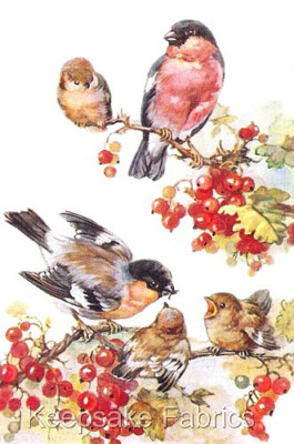 Bull Finches & Berries Cotton Crazy Quilt Block Multi Sizes