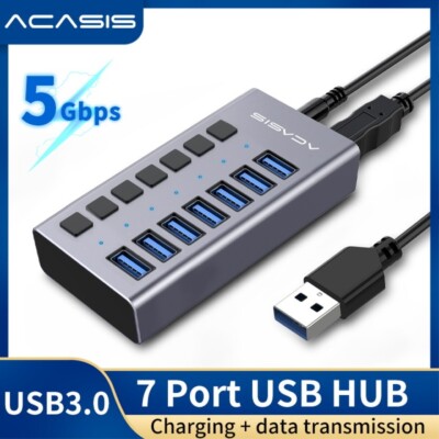 Acasis 7-Port USB 3.0 Hub - Individual Power Switches High-Speed Data Transfer