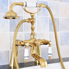 Polished Gold Deck Mount Clawfoot Bath Tub Filler Faucet W/ Hand Shower Sprayer