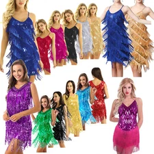 Women Salsa Latin Dance Dress Sequin Tassel Fringe Flapper Dress Tango Ballroom