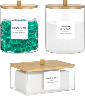 Glass Jars and Acrylic Dryer Sheet Holder, Laundry Pods Container with Bamboo Li