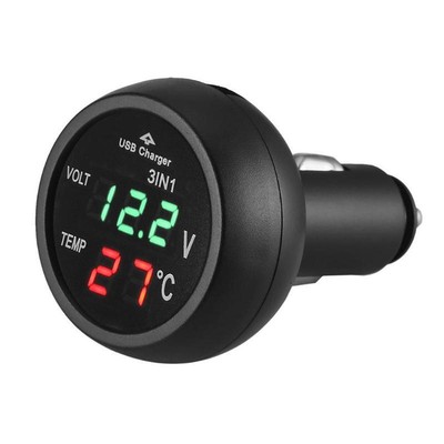 3in1 12/24V USB-Kfz-Ladegerät mit digitaler LED-Voltmeteranzeige und Thermometer