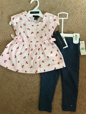 2 Piece Set Tommy Hilfiger Girls Pink 100% Cotton Dress and Navy Pants Size 18M 