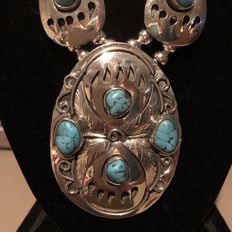 Estate Sales Genuine CARICO LAKE Turquoise Nuggets Squash Blossom Necklace