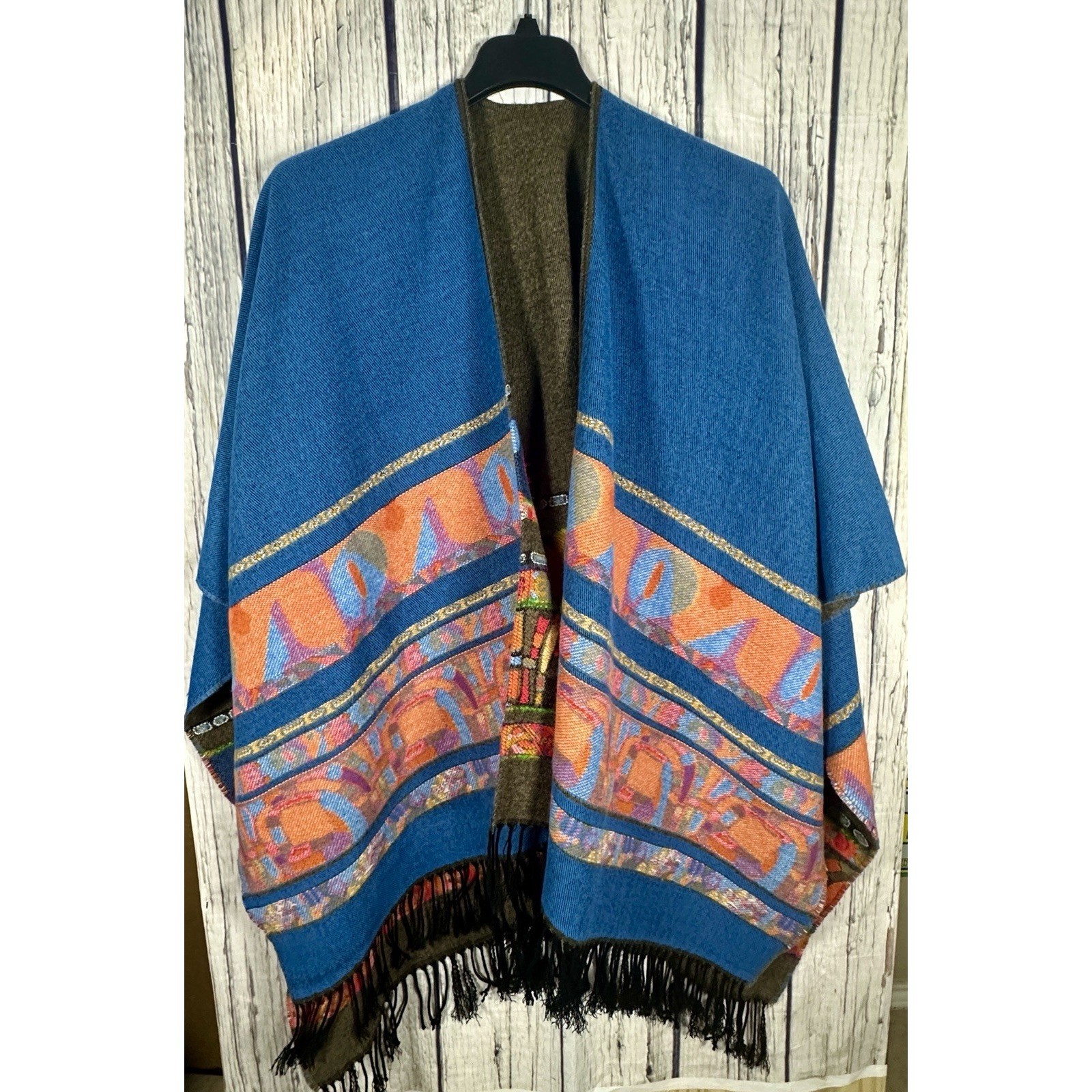 Reversible Woven Tassel Wrap Soft Cloak Cape Shawl Ponch One Size Made in France