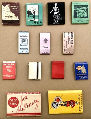#4- Lot of 13 old matchbooks in varying sizes, some with a few matches
