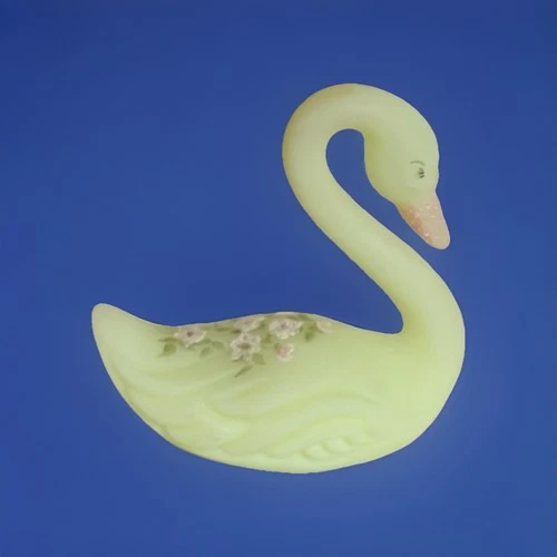 Vintage Fenton UV Custard Glass Hand Painted Swan  Flowers Pre-Owned