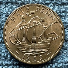 1959 Half Penny, United Kingdom, Elizabeth II (Bronze, 5.6 g, 25.4 mm), UNC