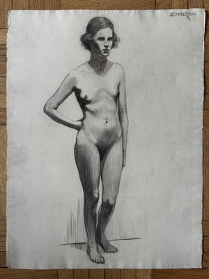 Beautiful 1920s Art Deco Figure Study Drawing Woman 18.5 x 24 Signed Zimmerman