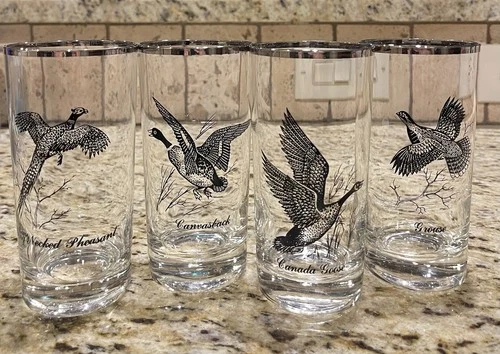 Set of 4 Vintage Federal Glass Sportsman Highball Cocktail Glasses Game Bird