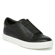Vince Cantara Sneakers Women 8.5 Black Leather Slip On Ribbed Knit Minimalist