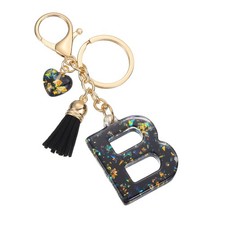 Initial Letter Keychain Cute Letter-B Bling Love Tassel Floral Charm Black