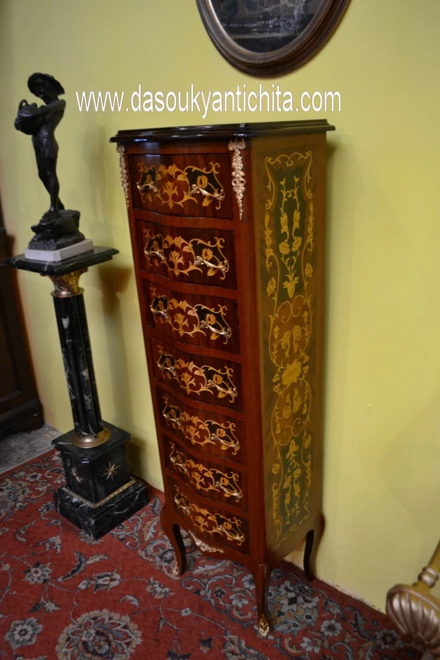 Settimino cassettiera stile Luigi XV intarsiato - Immagine 4 di 4