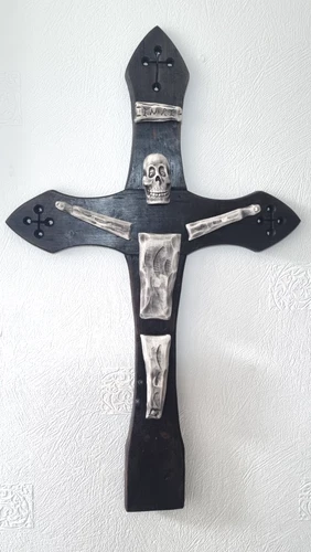 Satanic large 29” wooden wall cross, demonic figure, skull head , Handcrafted