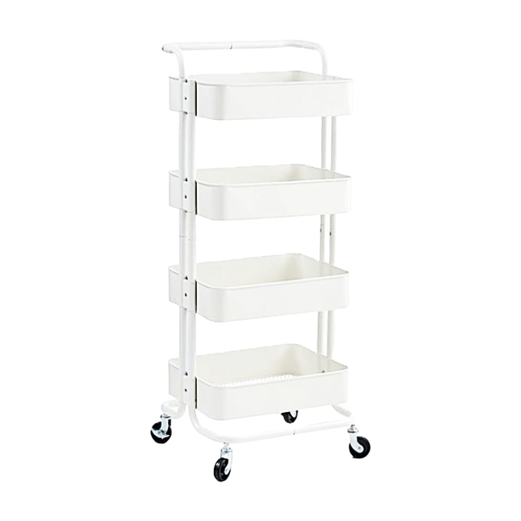 Storage Trolley on Wheels 4-Tier in White Makeup Shelves Cleaning Metal Trolley