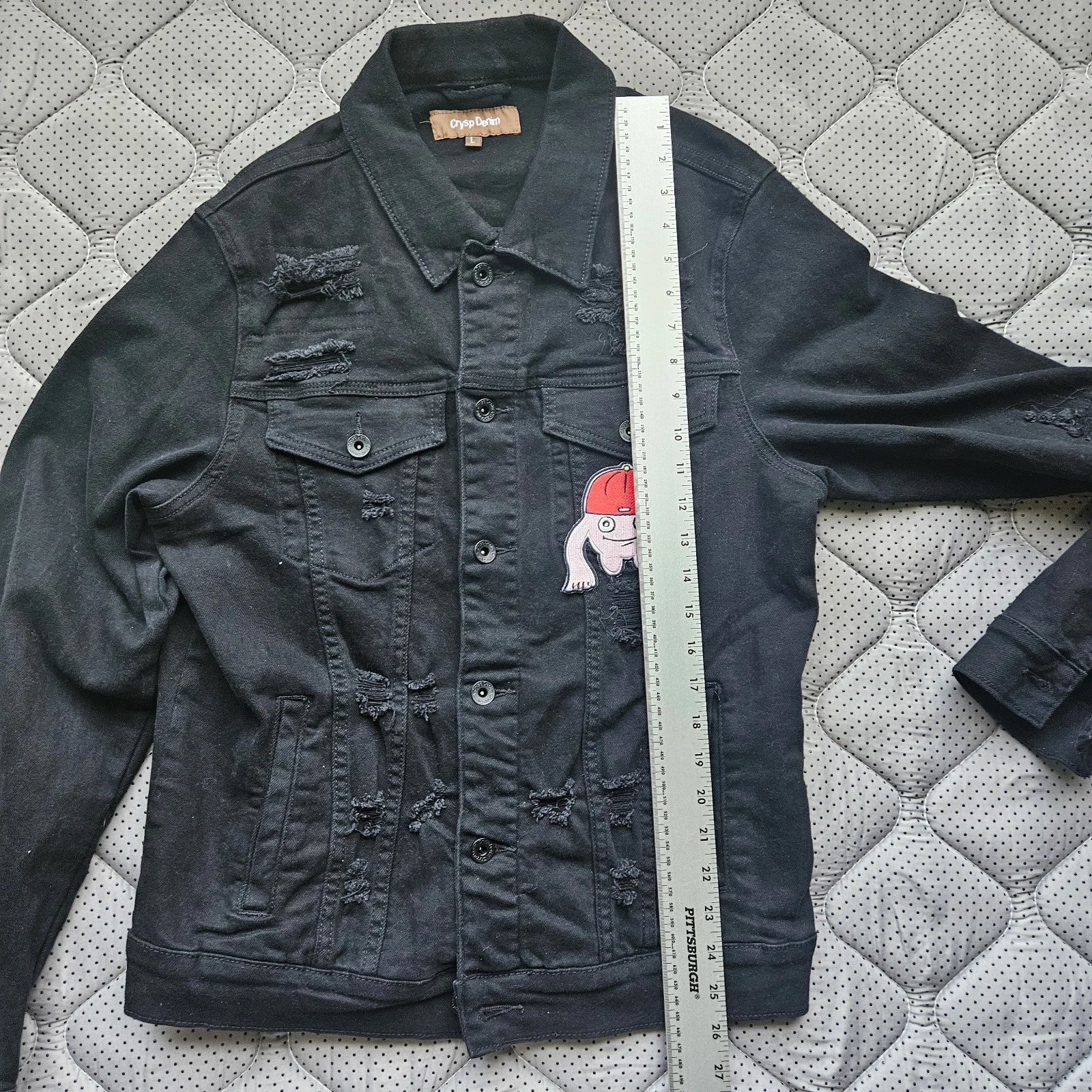 Size L CRYSP Denim Jacket Custom Made With "FLY MONSTAS" Logo On Back And Front