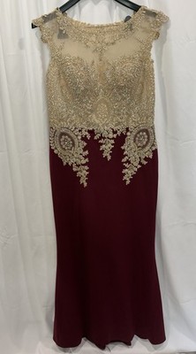 Abby Paris Size 16 Burgundy Formal Gown Beaded Prom Evening Dress Lace Bodice