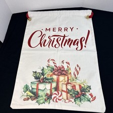 Large Christmas Drawstring Burlap Sack Gift Bag 27x19 Presents Candy Cane Holly