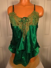 Victoria  s Secret VINTAGE Gold Label High-Cut Emerald Satin  Lace PJ Set Size M