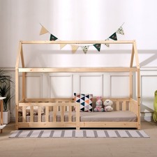 Pine Wood House Bed for Kids with Guardrail,Decorative Floor Bed, 3FT Single Bed